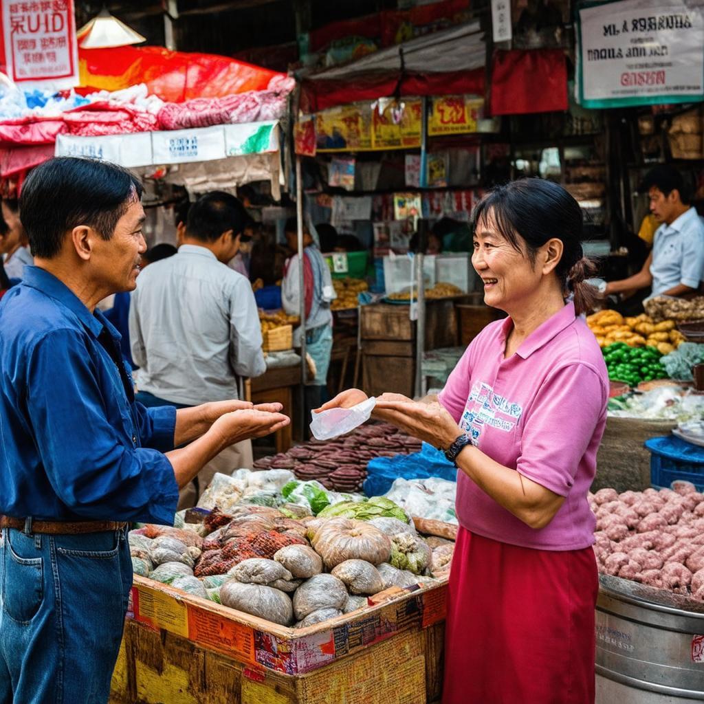 Khung cảnh người bán và người mua tương tác, trò chuyện thân mật tại Chợ Văn La
